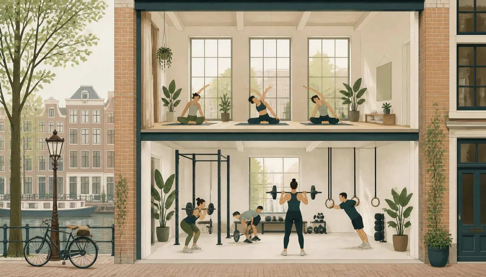 Illustratie van één gebouw in Amsterdam-Oost: beneden de CrossFit-vloer, boven de yogastudio met daglicht.