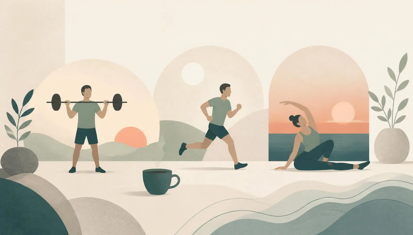 Illustratie van een trainingsweek: krachttraining, hardlopen en een rustig herstelmoment naast een kop koffie.